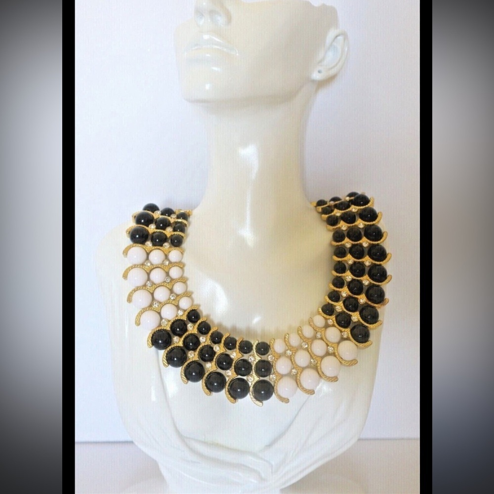 IMAN Egyptian Revival Black/White Bead
Rhinestone Collar Necklace.